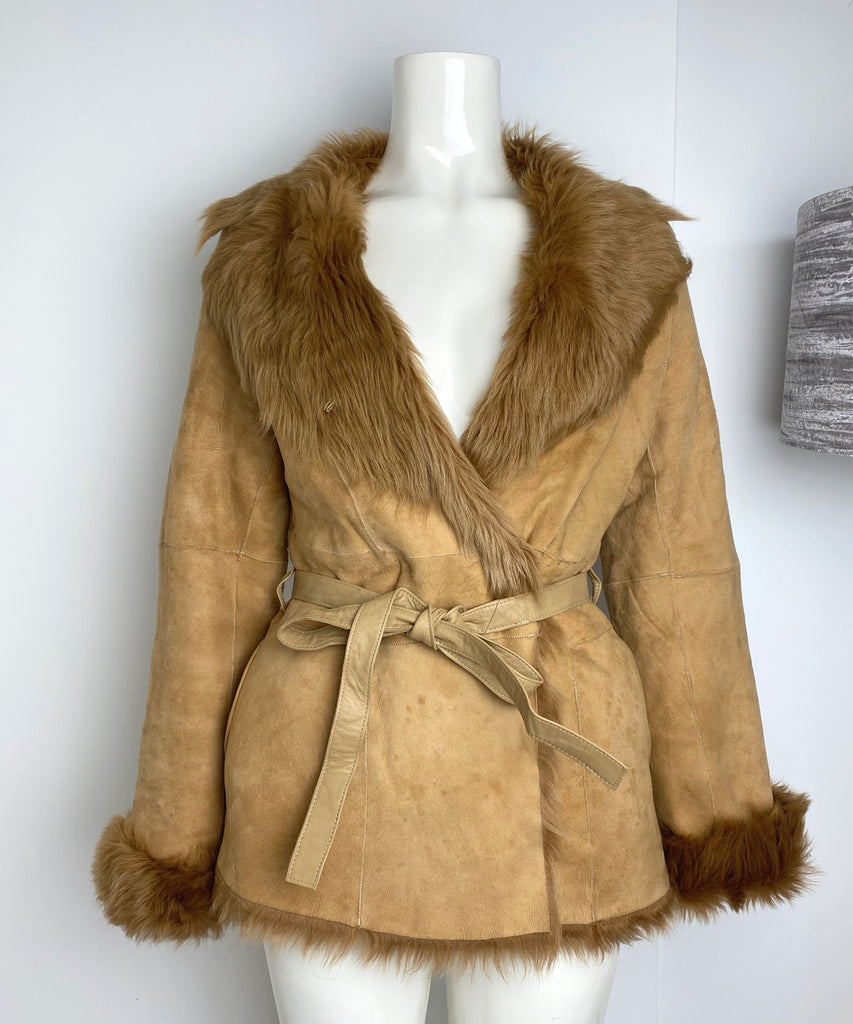 DKNY Tan Suede Fur Lined Belted Coat - S
