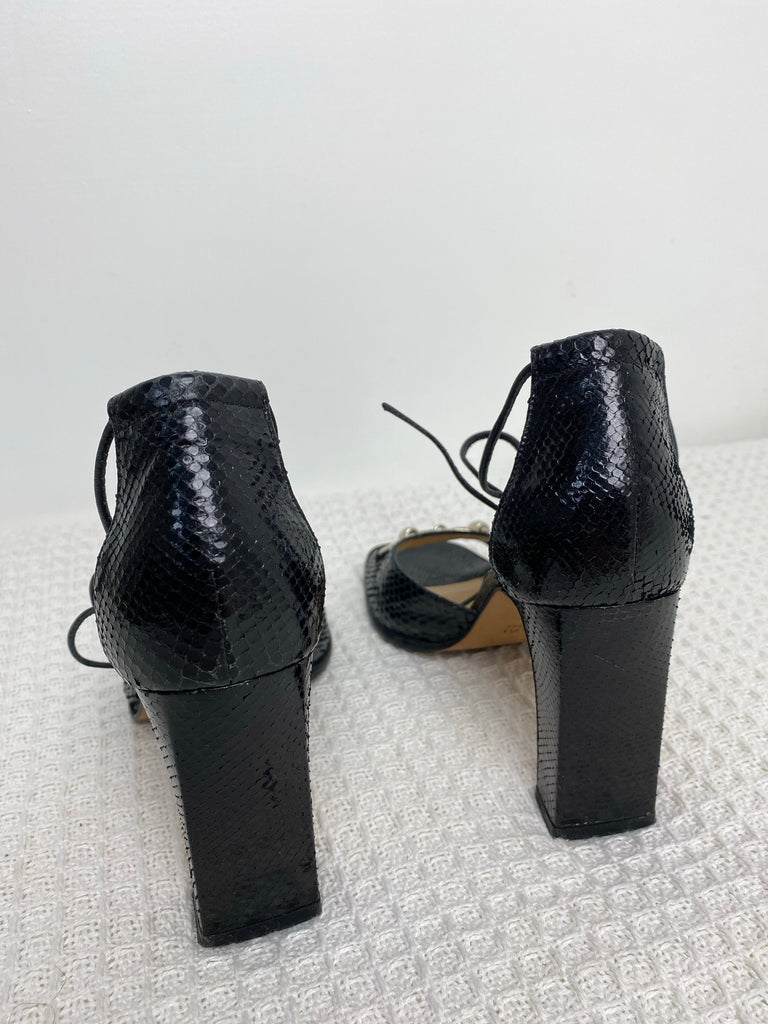 Gucci Black Python Leather Horsebit Open Toe Heels EU 36