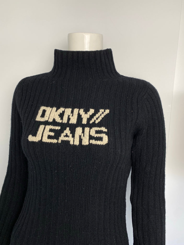 DKNY Logo Black High Neck Knitted Top