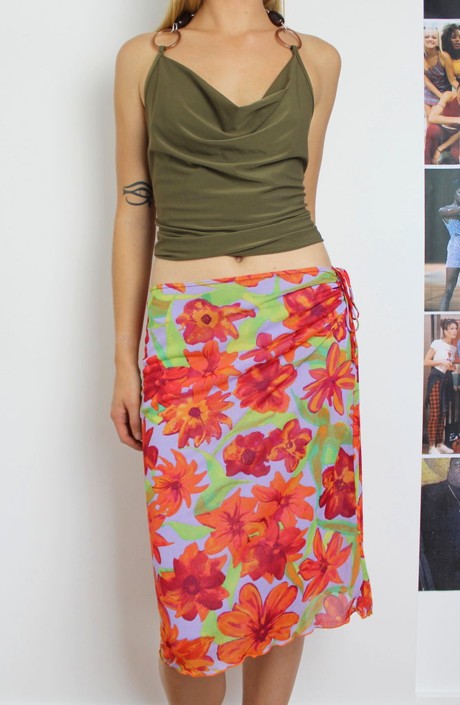 Kookai Bright Floral Lettuce Hem Midi Skirt
