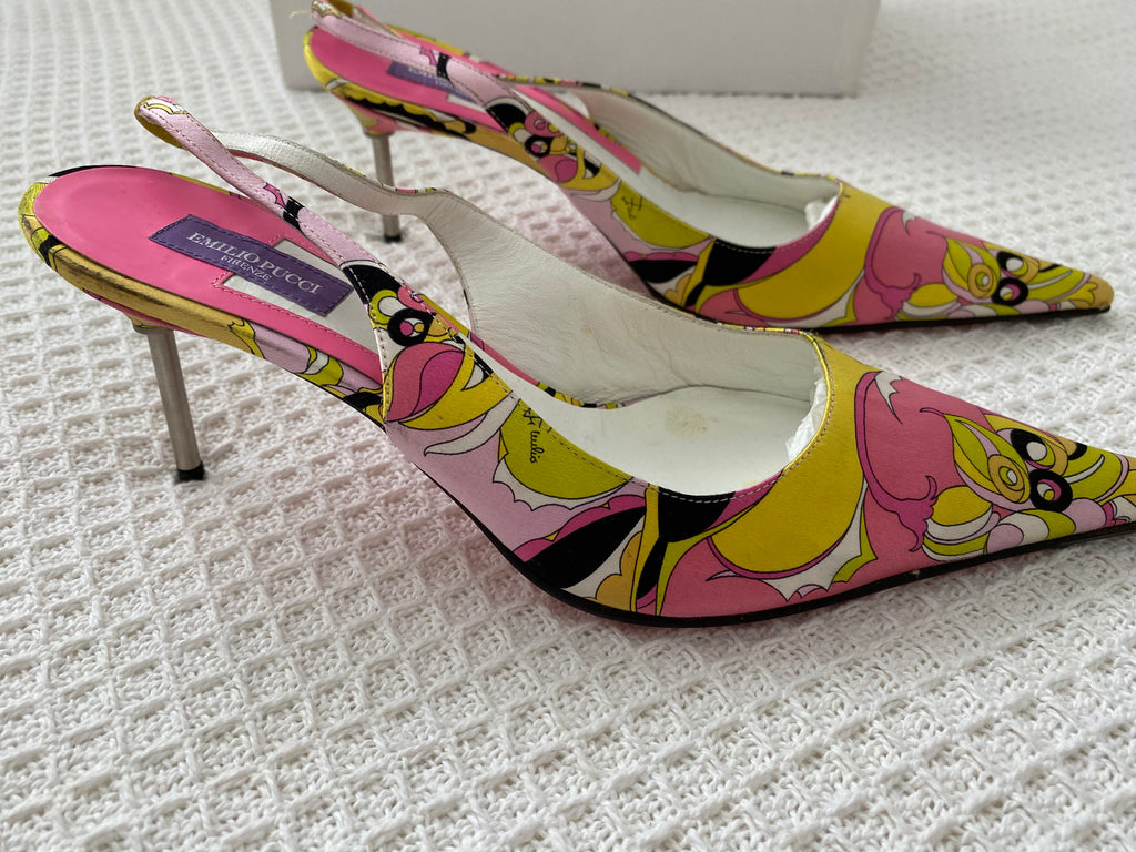 Emilio Pucci Pink / Yellow Satin Slingback Heels 36.5