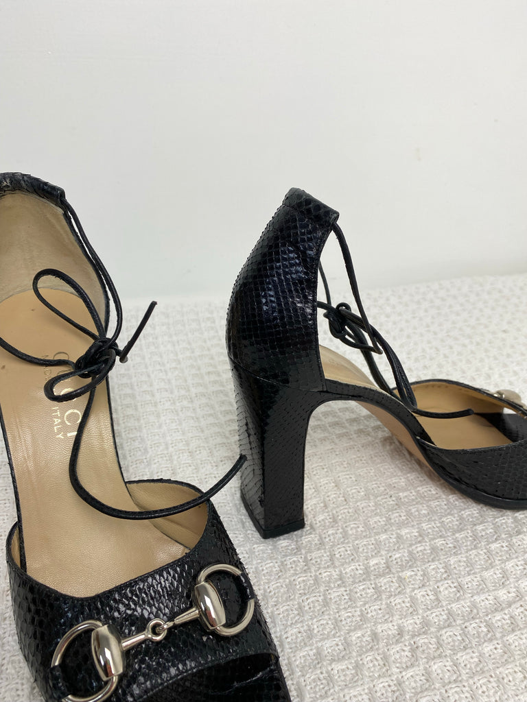 Gucci Black Python Leather Horsebit Open Toe Heels EU 36