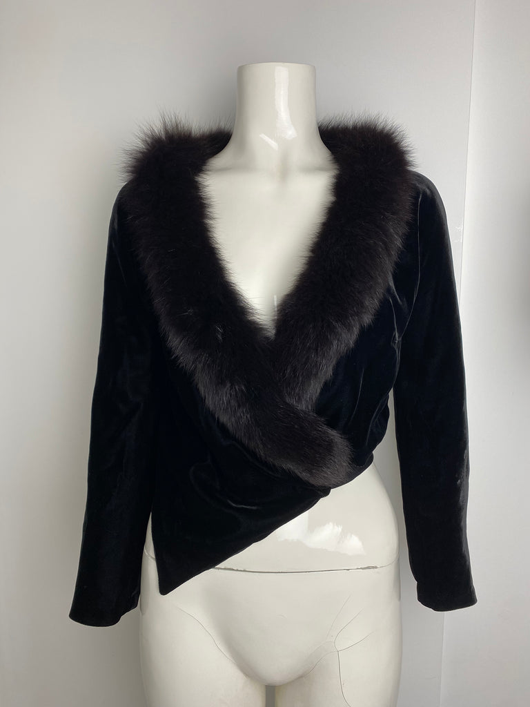 Blumarine Black Velvet Fur Collar Cardigan