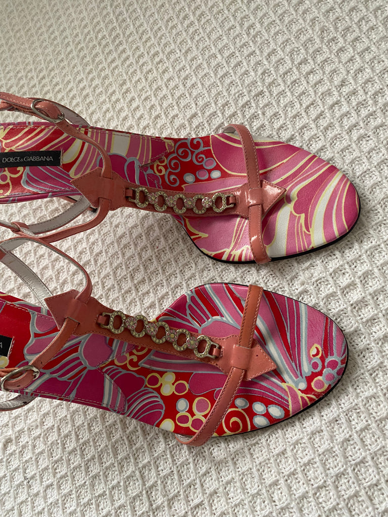 Dolce & Gabbana Pink Pattern Crystal Sandal Heels EU 40.5