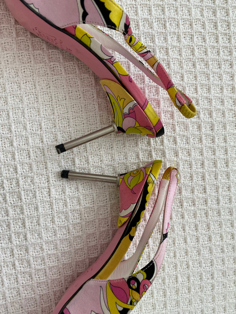 Emilio Pucci Pink / Yellow Satin Slingback Heels 36.5