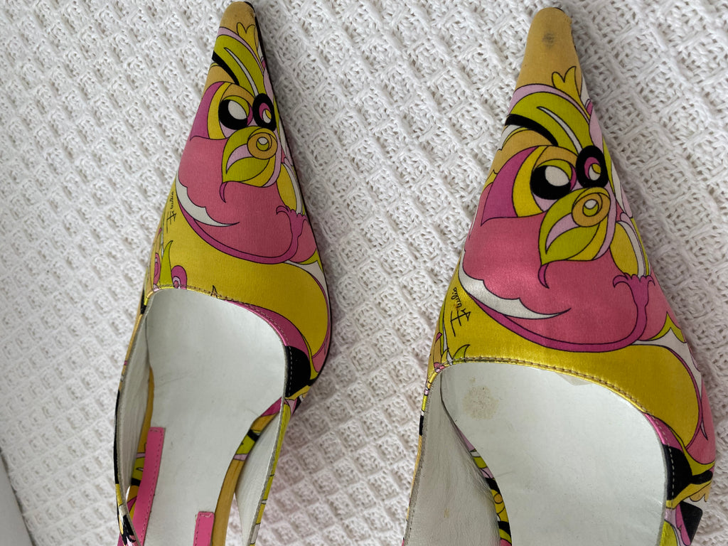 Emilio Pucci Pink / Yellow Satin Slingback Heels 36.5