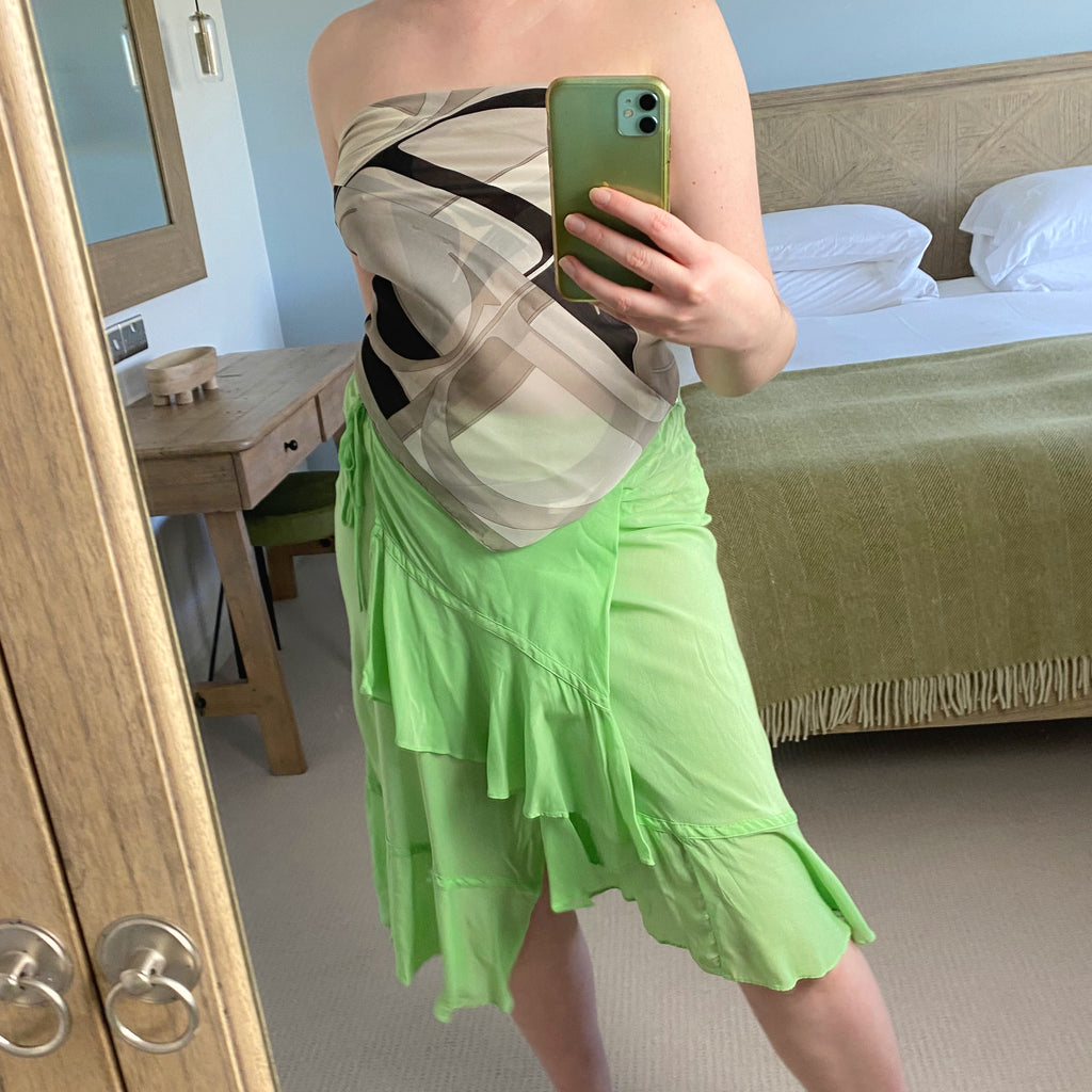 DKNY Green Silk Ruffle Wrap Skirt