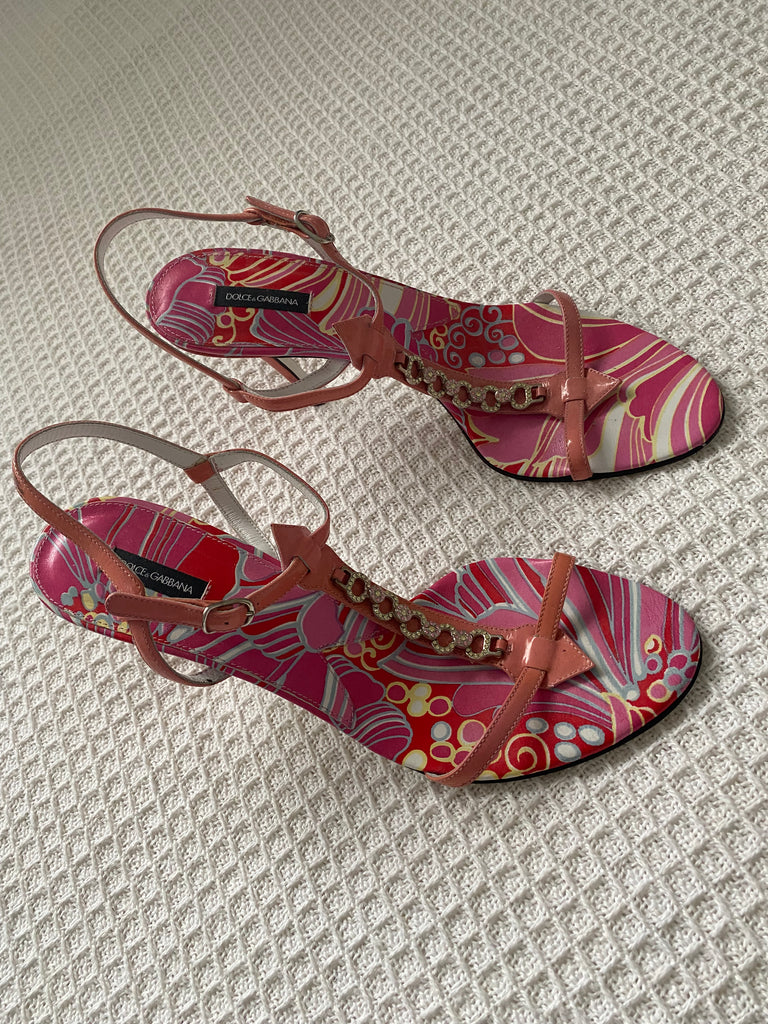 Dolce & Gabbana Pink Pattern Crystal Sandal Heels EU 40.5