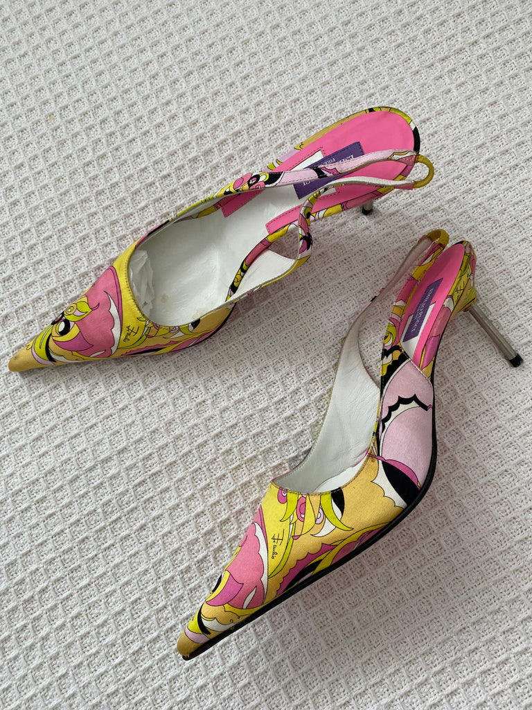 Emilio Pucci Pink / Yellow Satin Slingback Heels 36.5