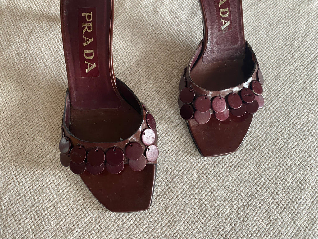 Prada Deep Red Sequin Mule Heels EU 36