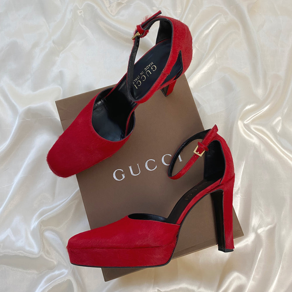Gucci by Tom Ford Red Pony Hair Platform Heels 37.5