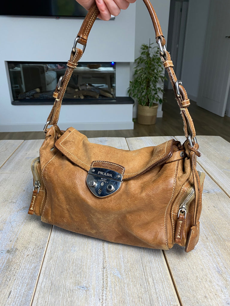 Prada Brown Leather Padlock Shoulder Bag