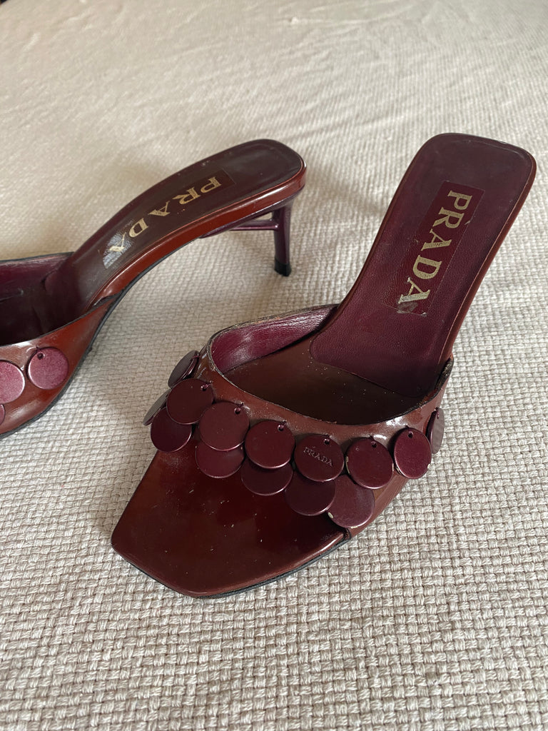 Prada Deep Red Sequin Mule Heels EU 36