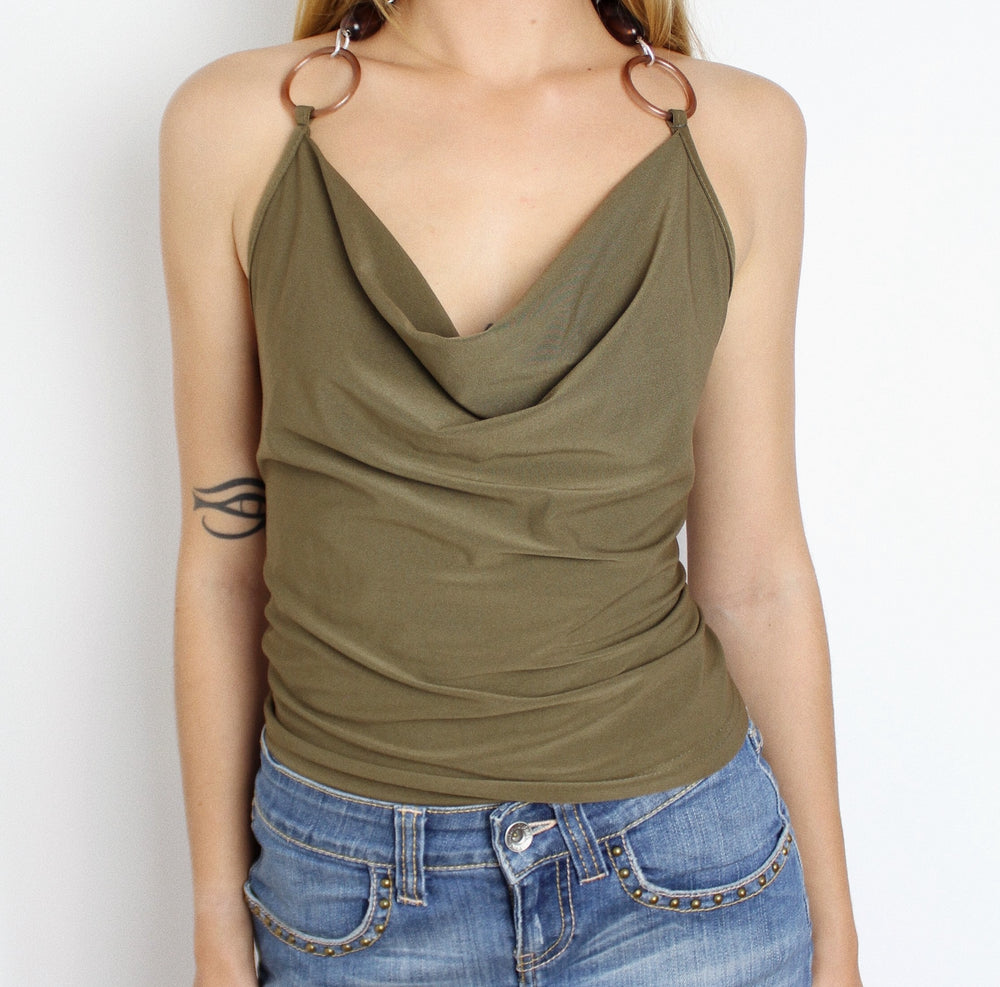 Khaki Green Beaded Halterneck, Open Back Top