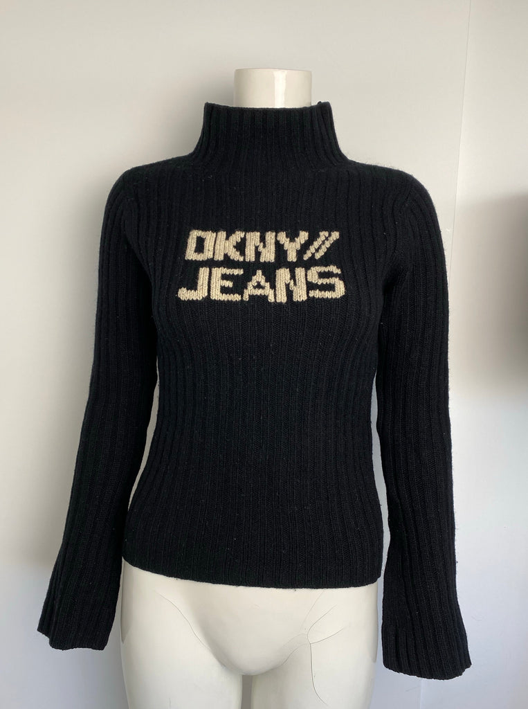 DKNY Logo Black High Neck Knitted Top