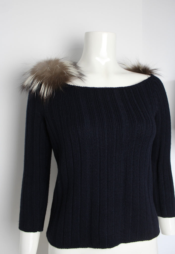 Prada Navy Blue Fur Collar Knit Jumper - S