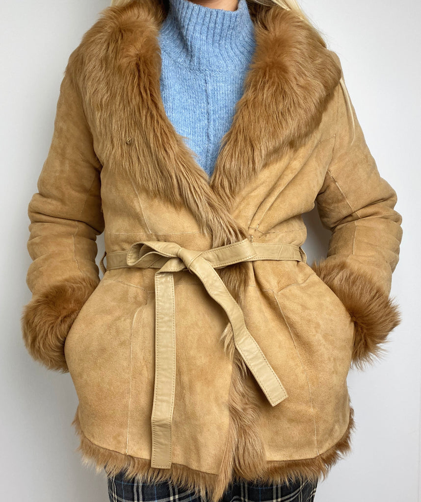 DKNY Tan Suede Fur Lined Belted Coat - S