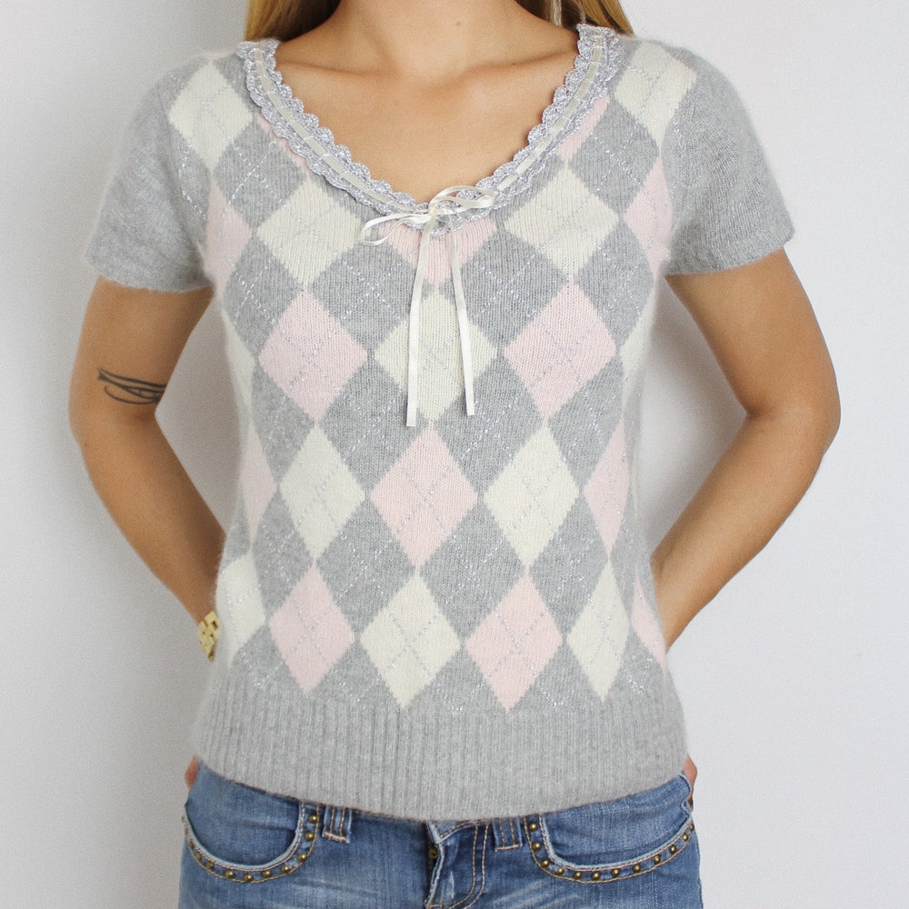 Grey, Pink & White Argyle Knit Top