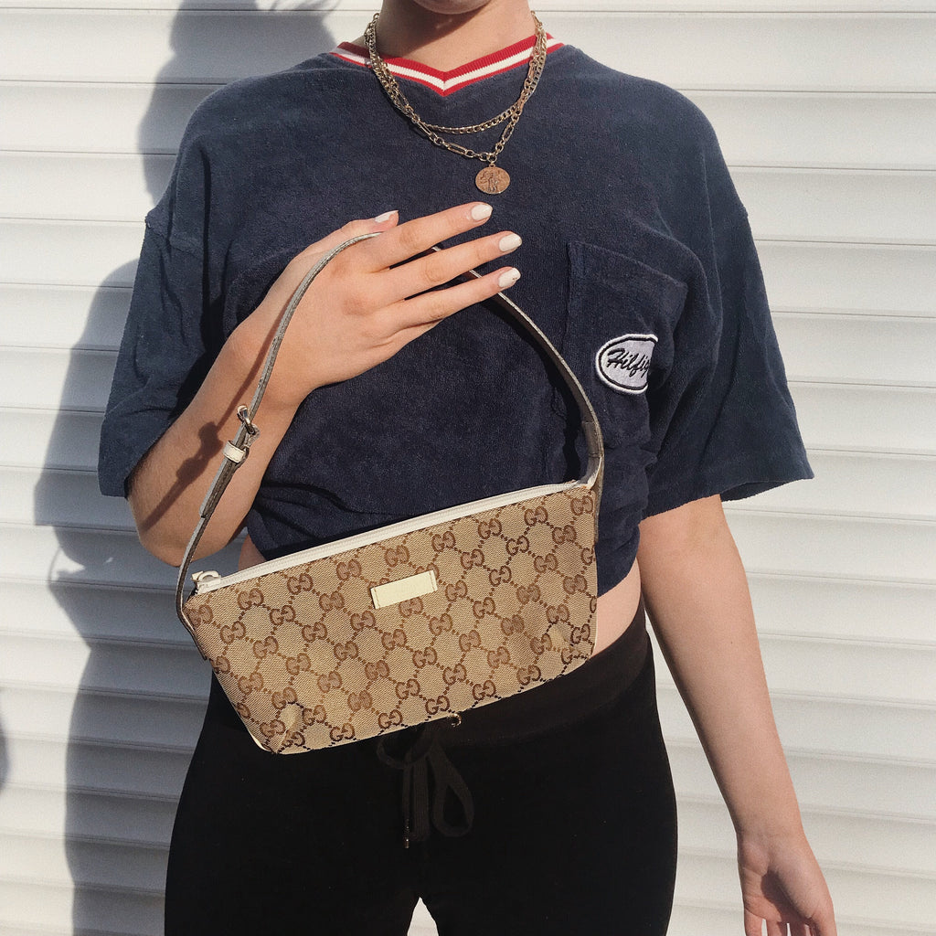 Gucci Monogram Canvas & Cream Leather Shoulder Bag