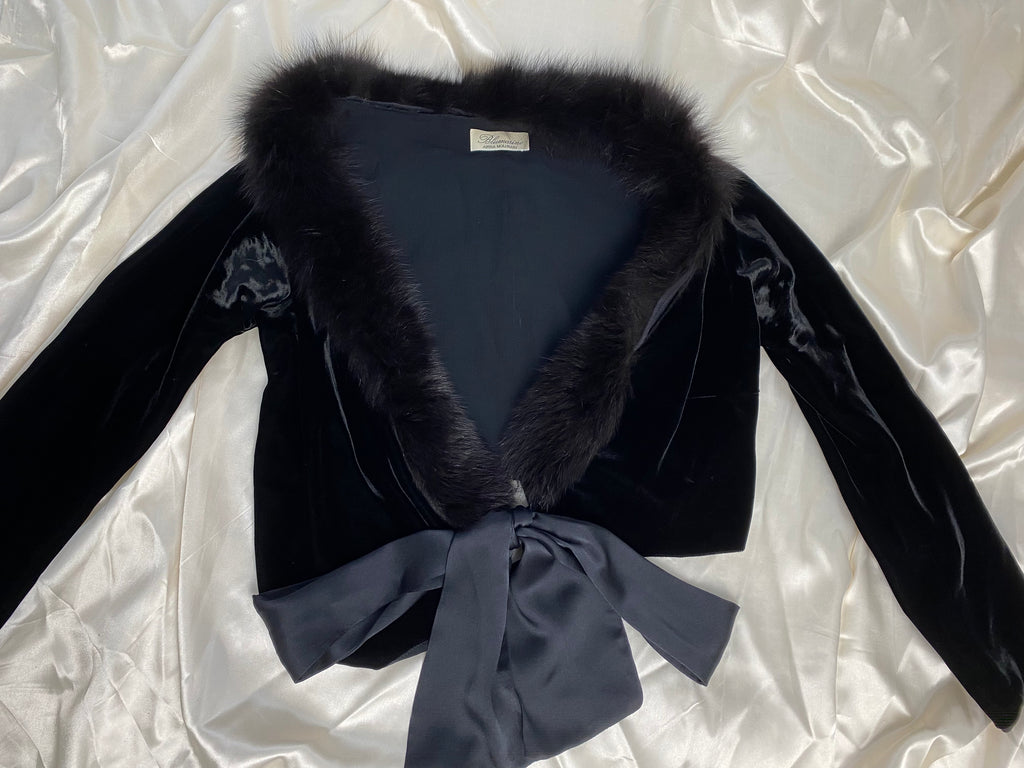 Blumarine Black Velvet Fur Collar Cardigan