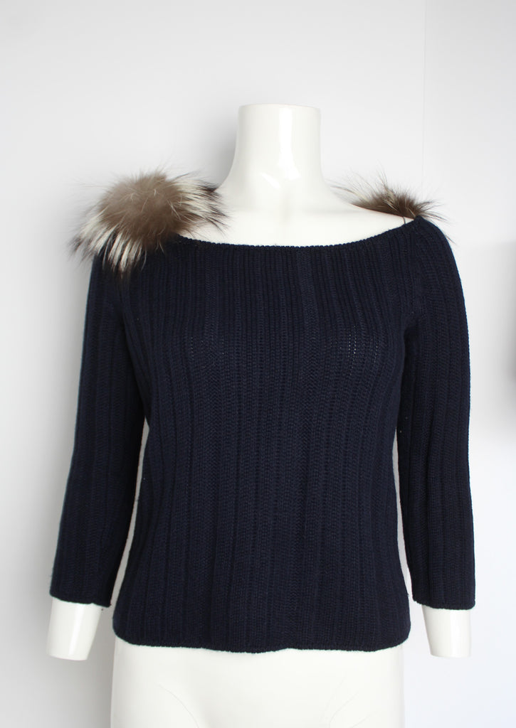 Prada Navy Blue Fur Collar Knit Jumper - S