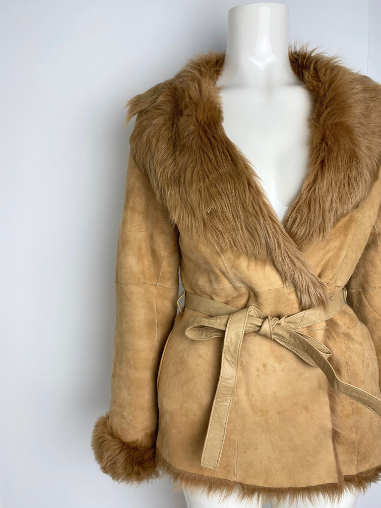 DKNY Tan Suede Fur Lined Belted Coat - S