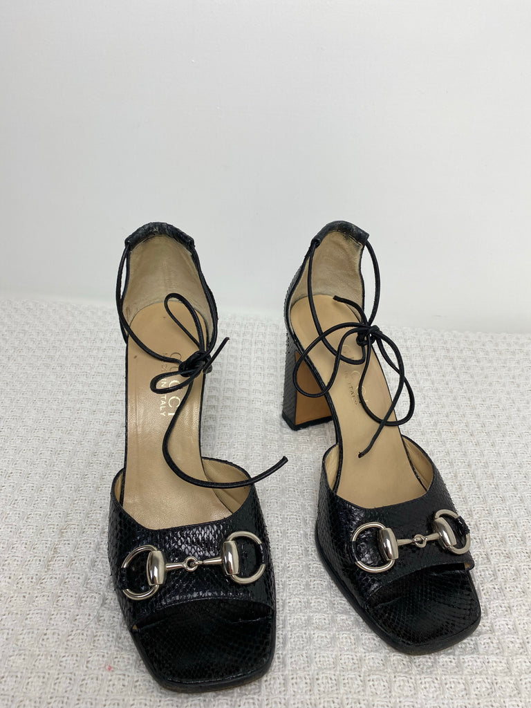 Gucci Black Python Leather Horsebit Open Toe Heels EU 36