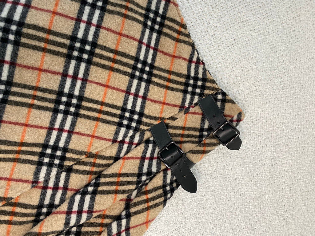 Burberry Diagonal Check Pleated Buckle Mini Skirt