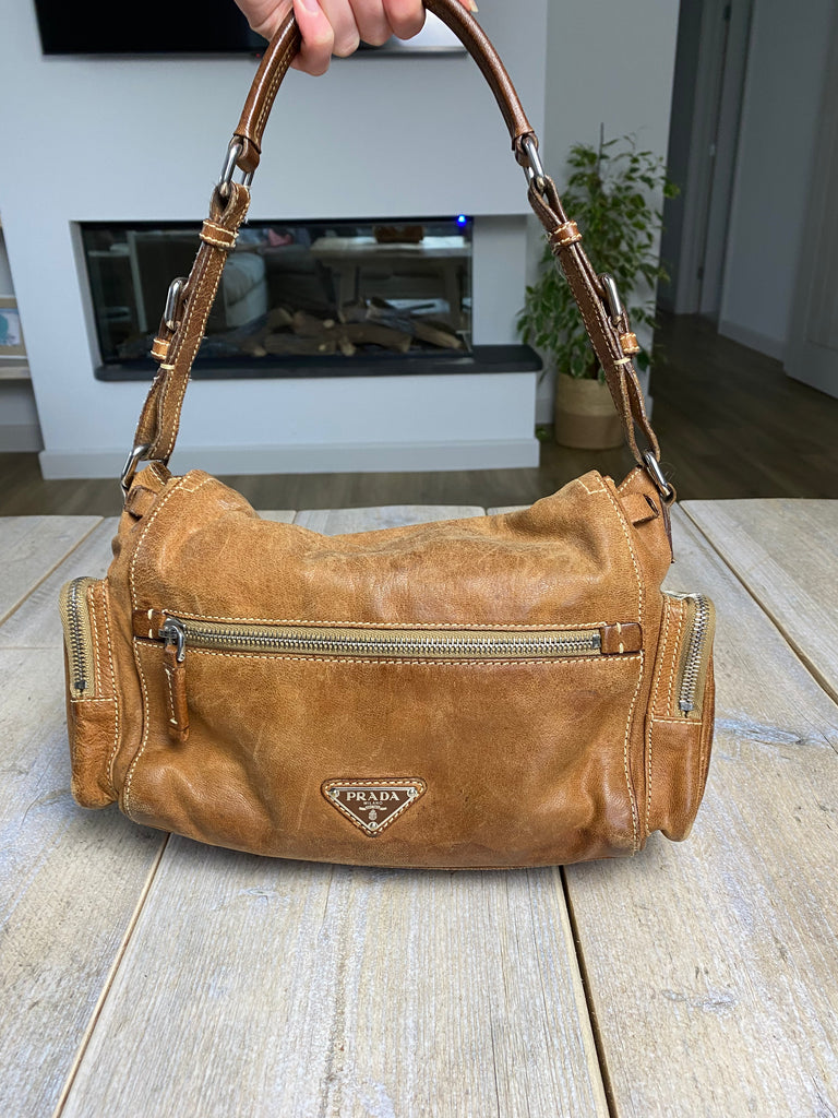 Prada Brown Leather Padlock Shoulder Bag