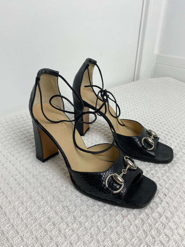 Gucci Black Python Leather Horsebit Open Toe Heels EU 36