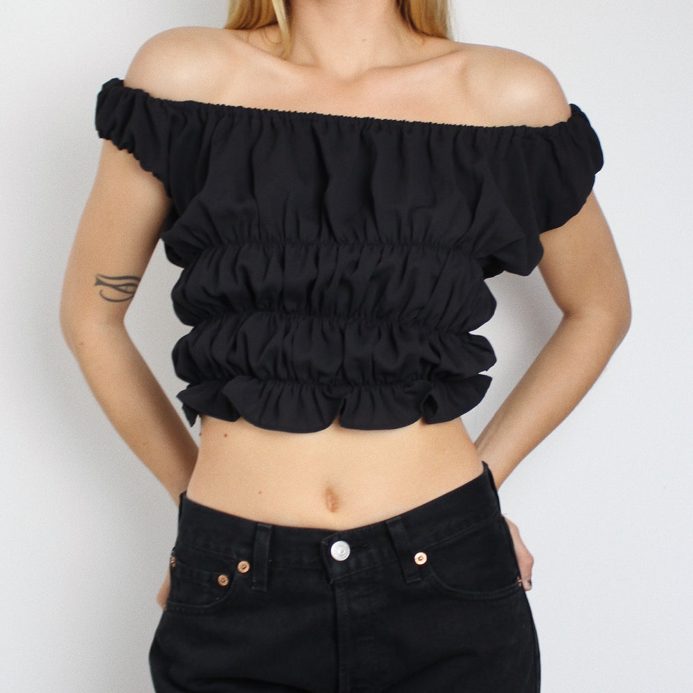 Black Ruched / Shirred Cropped Top