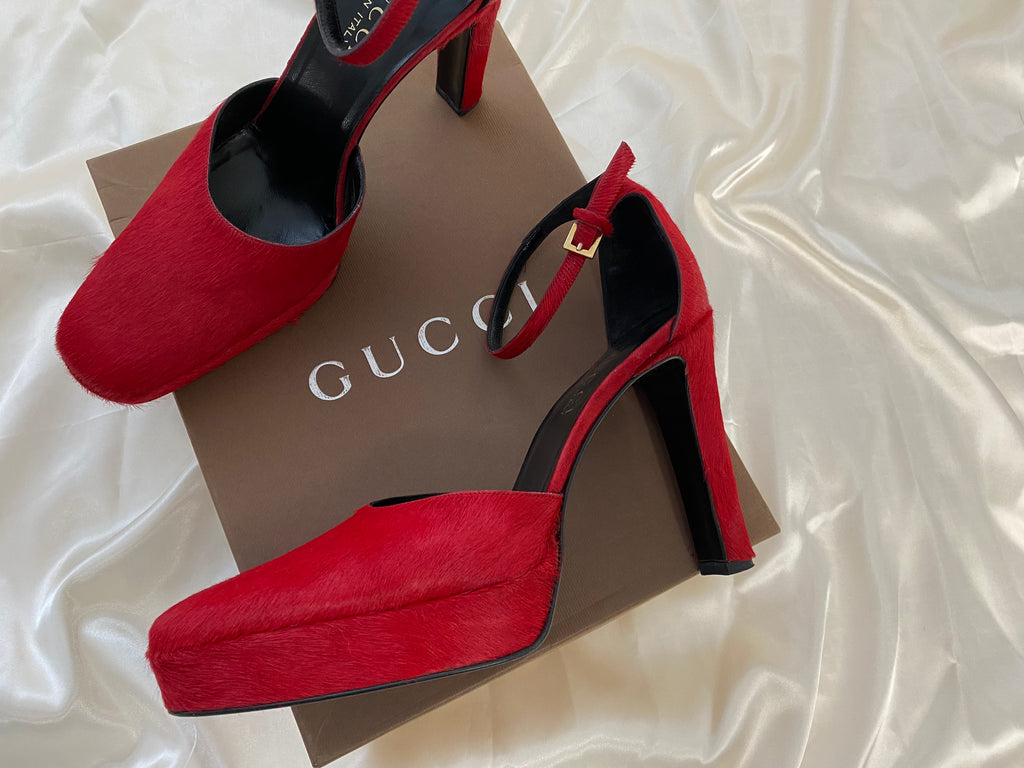 Gucci by Tom Ford Red Pony Hair Platform Heels 37.5 luxequarter