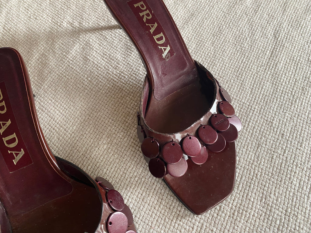 Prada Deep Red Sequin Mule Heels EU 36