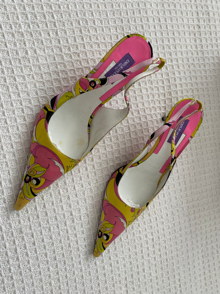 Emilio Pucci Pink / Yellow Satin Slingback Heels 36.5